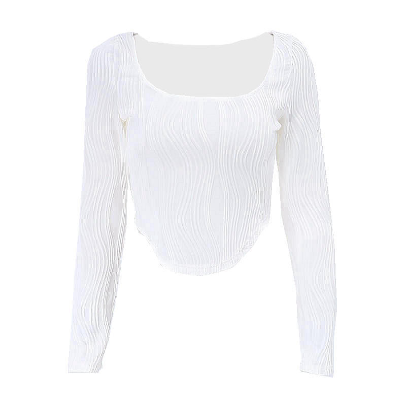 Summer French Design Pleated U Collar Simple Solid Color Slim Fit Long Sleeves Top Women
