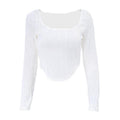 Summer French Design Pleated U Collar Simple Solid Color Slim Fit Long Sleeves Top Women