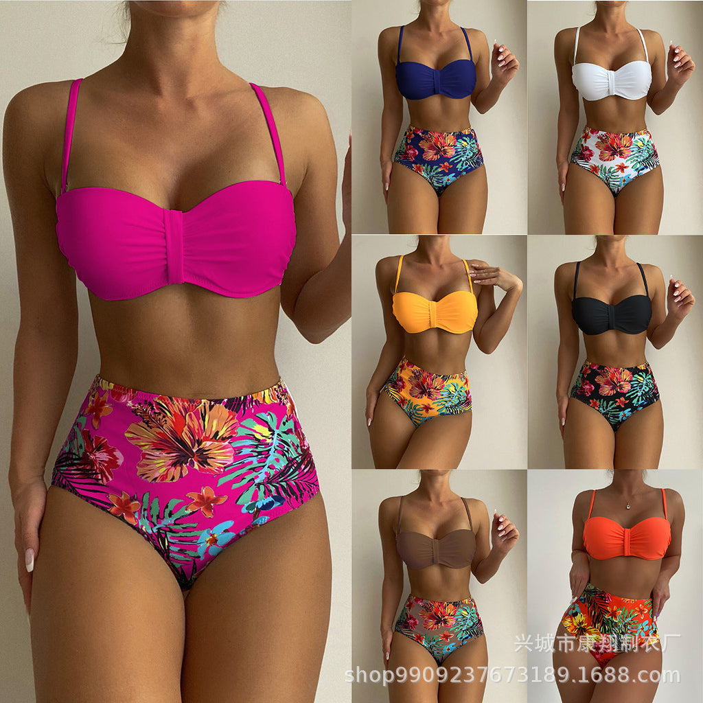 Swimsuit Women Split Bikini Retro Sexy Solid Color Printing Bikini Wear