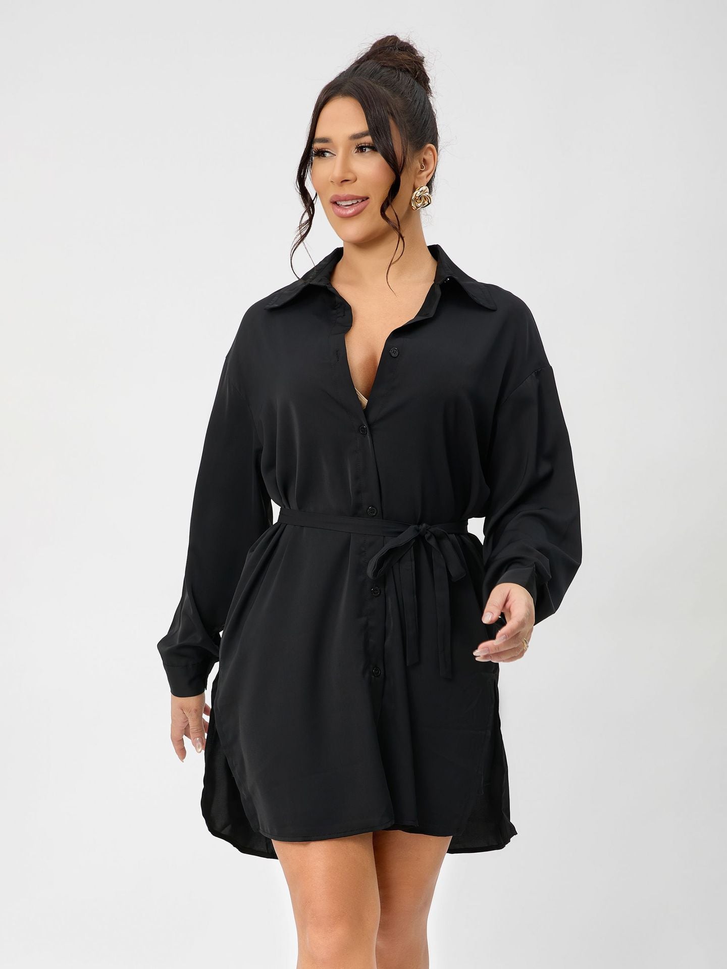 Casual Long Sleeve Women Clothing Long Shirt Collar Belt Two Piece Shorts Sets Women Spring