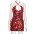Women Autumn Elegant Slim Fit Sequined Sleeveless Strap Halter Short Dress