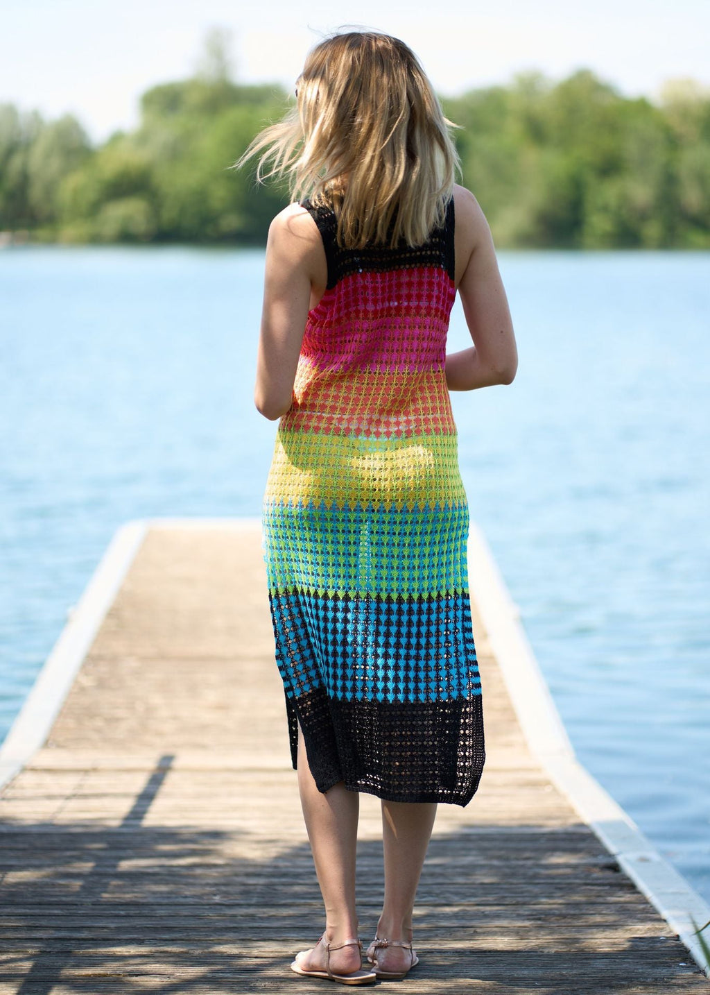 Knitted Wide Horizontal Color Pattern Vest Dress Holiday Casual Beach Bikini Cover