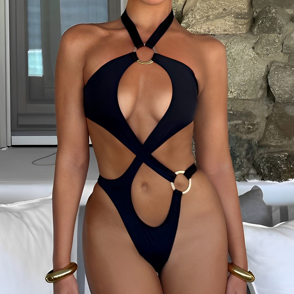Bikini Swimsuit Sexy Solid Color Hollow Out Cutout Siamese Swimsuit