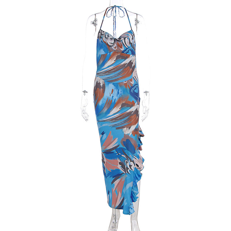 Summer Sexy Slim Print Lace up Sleeveless Hip Lotus Leaf Split Dress