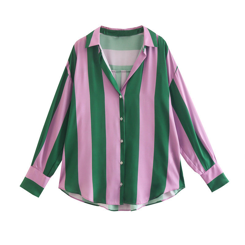 Autumn Elegant Collared Long Sleeve Striped Single Breasted Shirt for Women