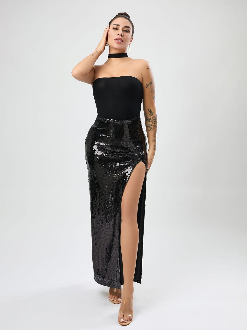 High Quality Sexy Slit Sequin Dress Autumn Women Clothing High Sense Tutu