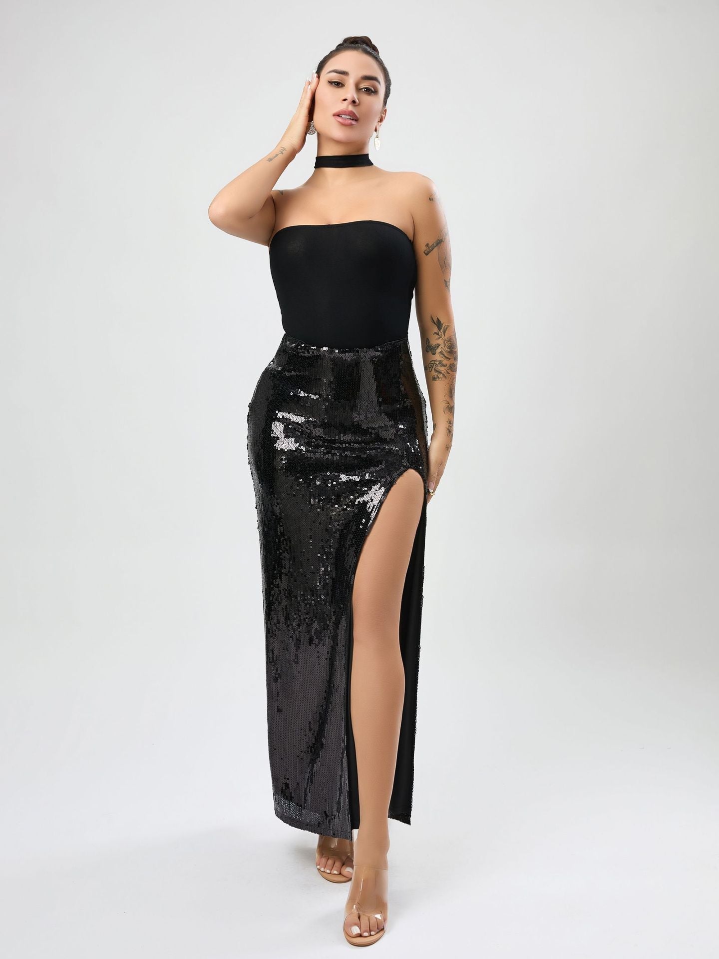 High Quality Sexy Slit Sequin Dress Autumn Women Clothing High Sense Tutu