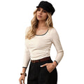 Retro Contrast Color Square Collar Shoulder Long Sleeve T shirt Autumn Slim Fit Inner Wear Slim Looking Base Short T shirt