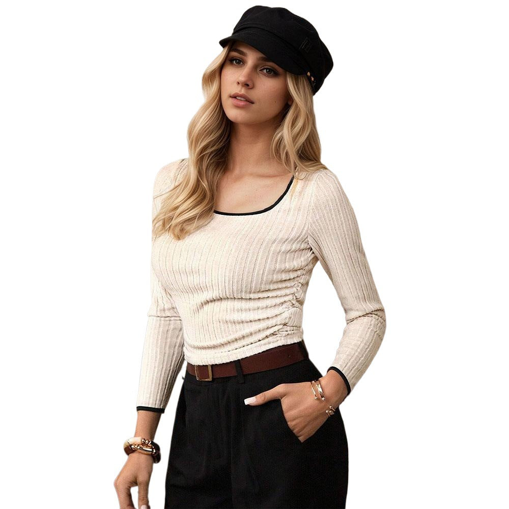 Retro Contrast Color Square Collar Shoulder Long Sleeve T shirt Autumn Slim Fit Inner Wear Slim Looking Base Short T shirt