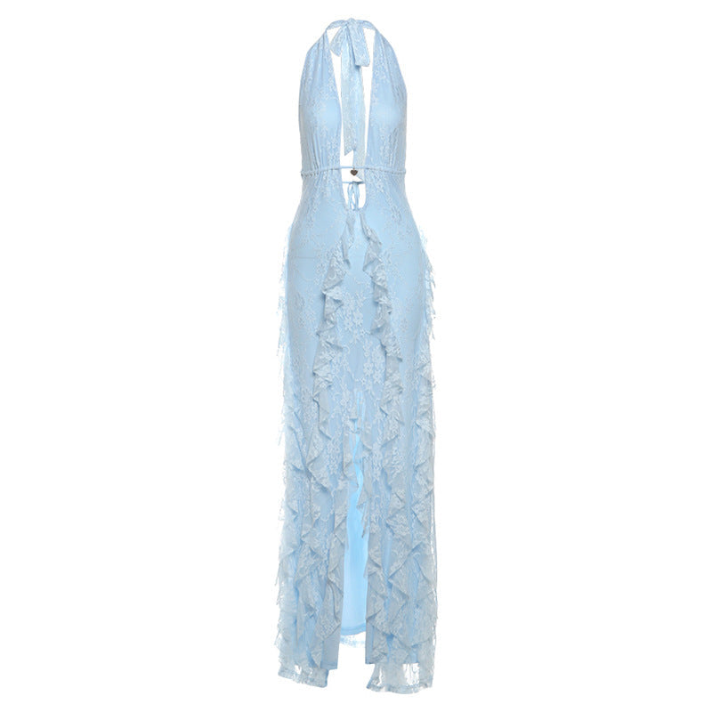 Women Clothing Summer Elegant Sexy Deep V Plunge neck Hollow Out Cutout Halter Lace up Lace Split Dress
