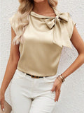 Half Open Collar Bow Satin Top Special Interest Design Satin Women Clothing T shirt