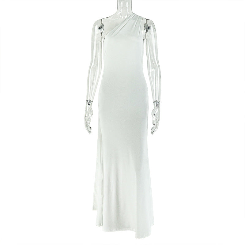 Women Clothing Tied Slim Fit Design Slimming Hip Pleated Diagonal Collar Shoulder Solid Color Length Dress