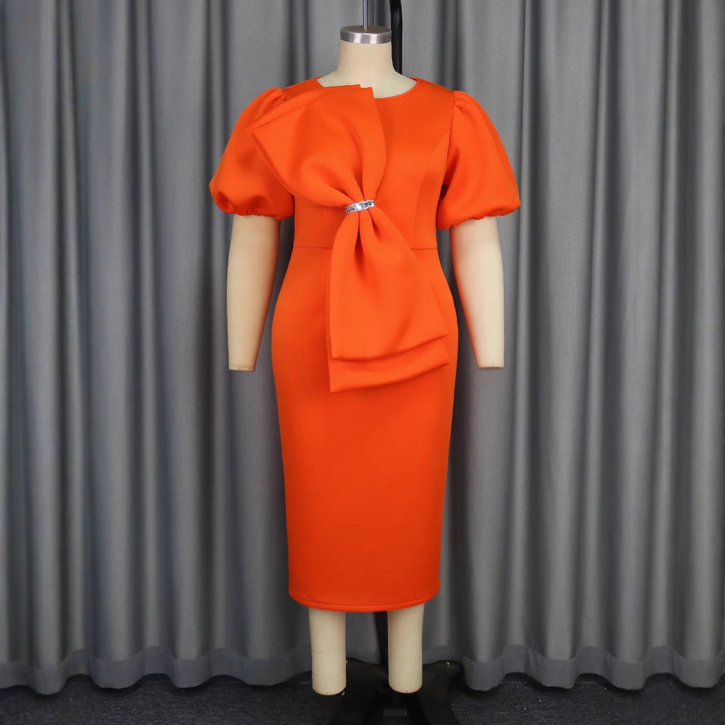 Elegant Puff Sleeve round Neck Dress Bow High Waist Slim Fit Party Evening Dress