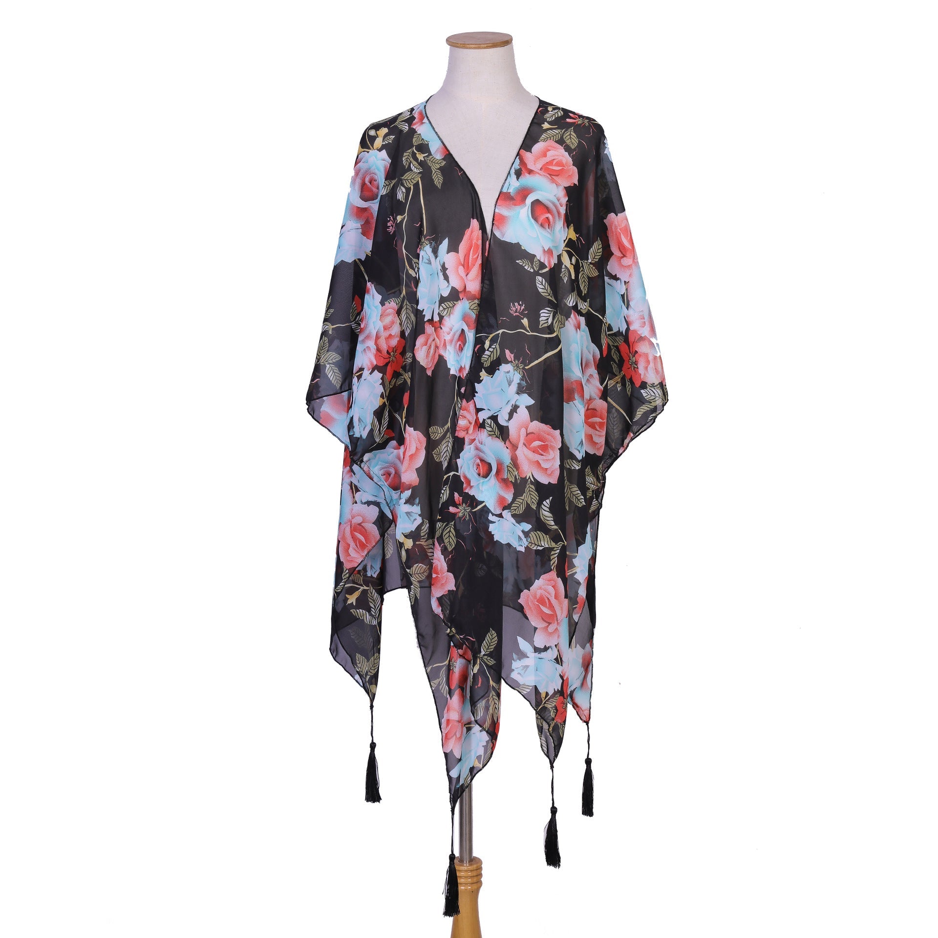 Spring Summer Casual Sun Proof Blue Pink Rose Printed Tassel Blouse Mid Length Sun Proof Clothing