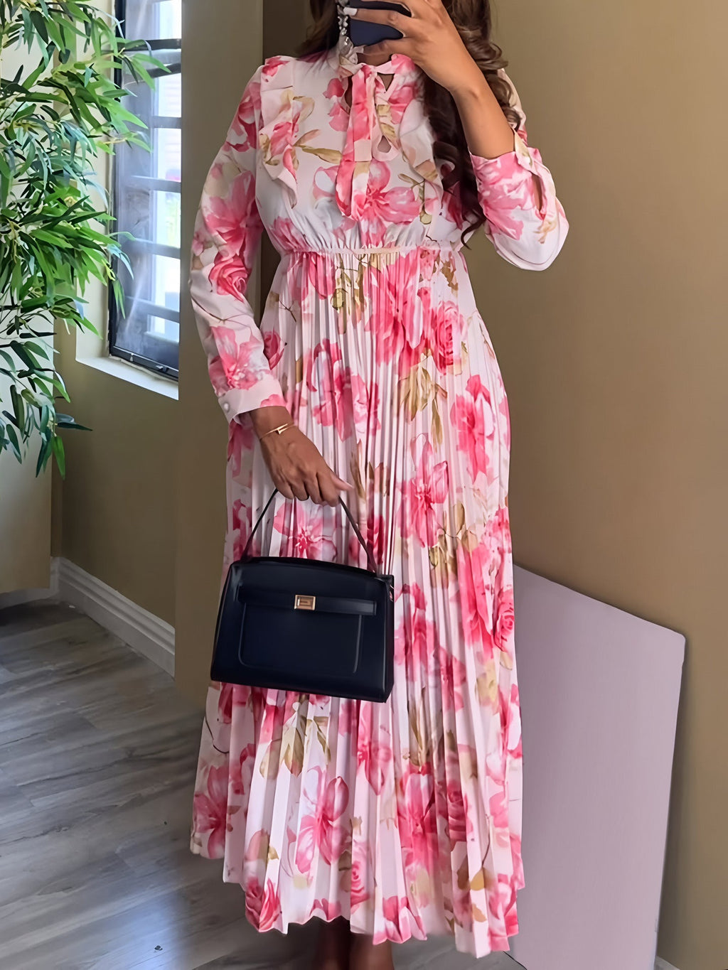 Women Elegant Vacation Waist Trimming Printing Long Sleeve Pleated A line Dress