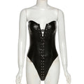 Women Clothing Tube Top Backless Corns Lace up Faux Leather Slim Slimming Jumpsuit Women Overall