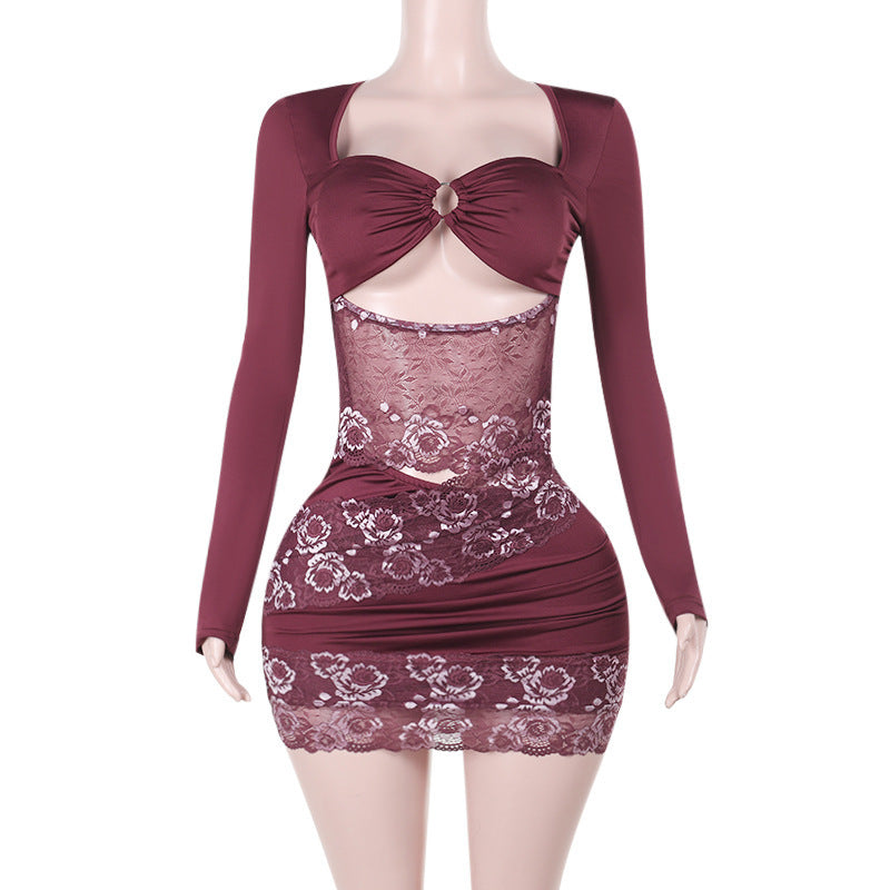 Autumn Long Sleeve Lace Hollow Out Cutout out Sexy Hip Bag Dress Women