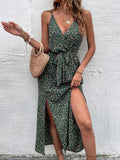 Women Clothes Summer Bohemian Strap Dress Printed Long Slit Maxi Dress