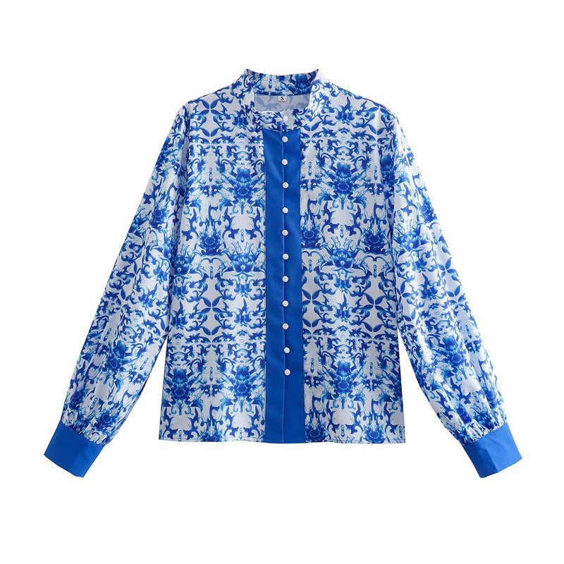 Summer Women Clothing Retro Blue Positioning Printing Casual Shirt for Women