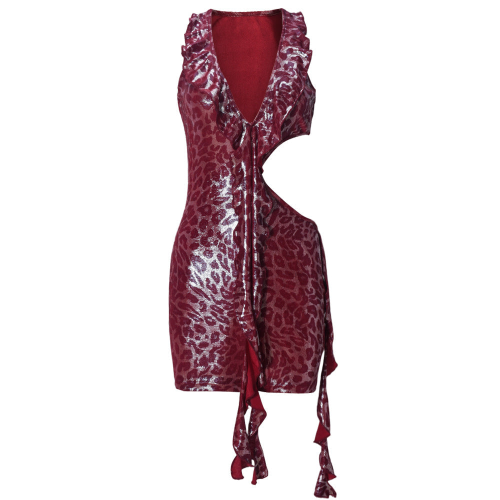 Personality High Elastic Cropped Outfit Sexy Dress V neck Trendy Leopard Print Tassel Streamer Dress
