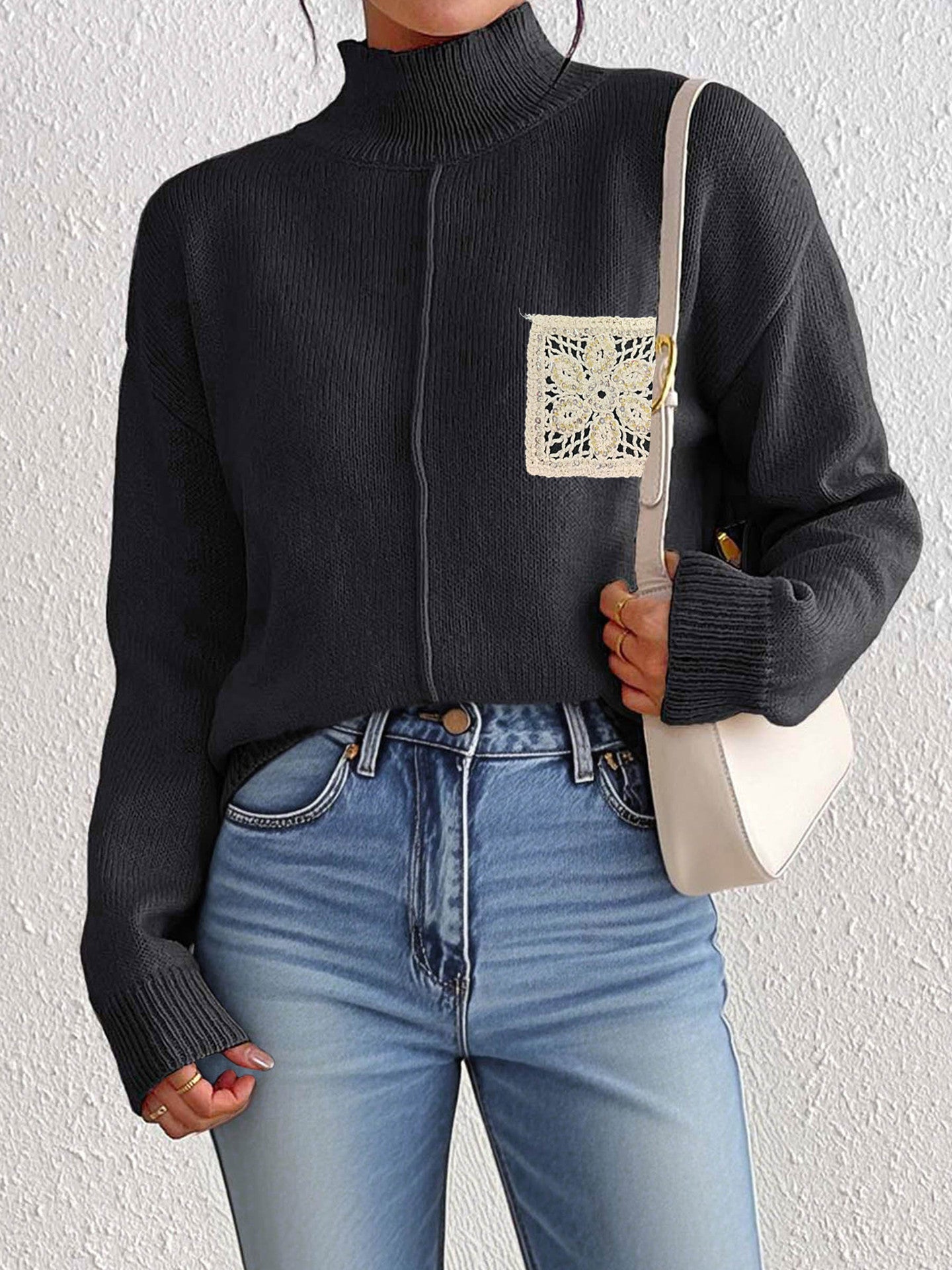 Autumn Winter Women Clothing Solid Color Half Collar Pullover Sweater Sequined Hollow Out Cutout Pocket Stitching Sweater for Women