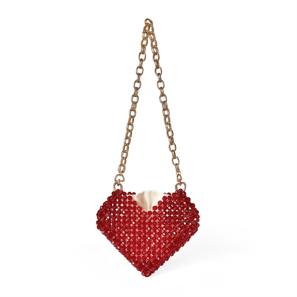 Red Love Heart Beaded Bag Hand Woven Bag Red Beads Bag Crossbody Shoulder Bag Finished Bag
