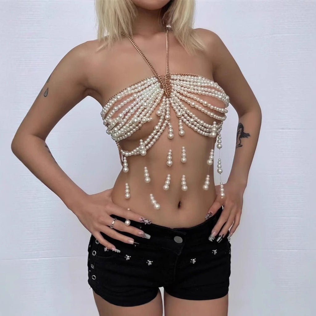 Body Cha Halter Baroque Women Sexy Breastpin Bra Beaded Pearl Vest