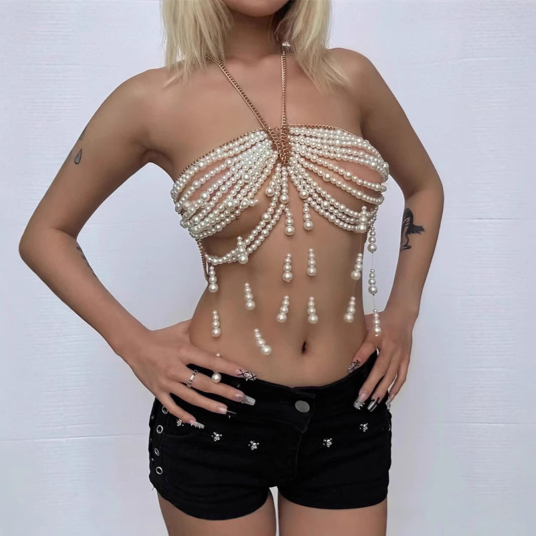 Body Cha Halter Baroque Women Sexy Breastpin Bra Beaded Pearl Vest