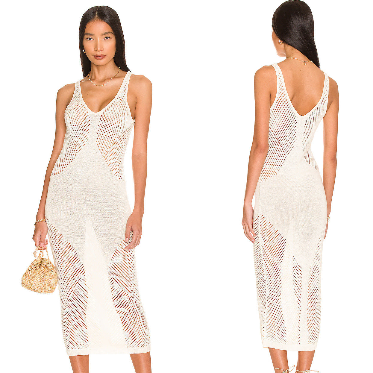 Knitted Hollow Out Cutout out V-neck Vest Skirt Holiday Casual Beach Bikini Cover 2 Colors