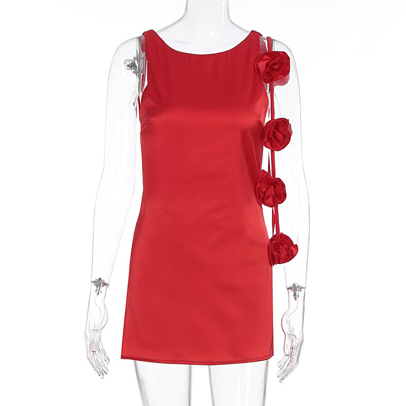 Women Clothing Summer Sexy Three Dimensional Floral Decoration Sleeveless Hip Dress