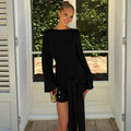 Women Clothing Autumn Solid Color round Neck Pleated Lace up Long Sleeved Slim Fit Short Dress