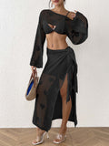 Women Beach Suit Sexy Hollow Out Cutout out Heart Jacquard Woven Overclothes Top Lace up Skirt Two Piece Sets
