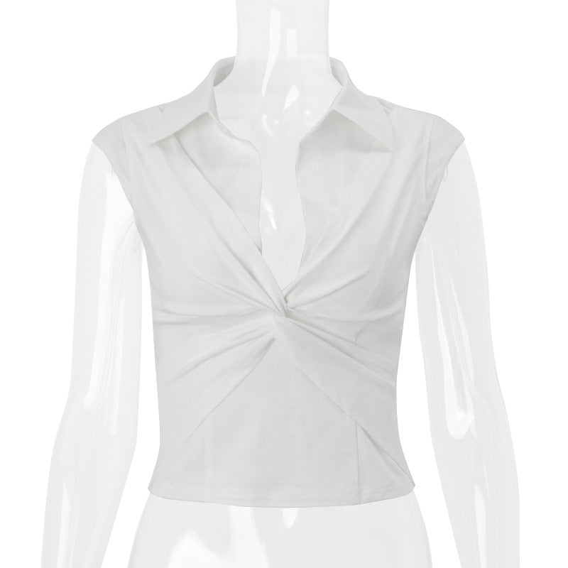 Women Clothing Summer Sexy Polo Collar Twisted Short Solid Color Cropped T shirt Top for Women