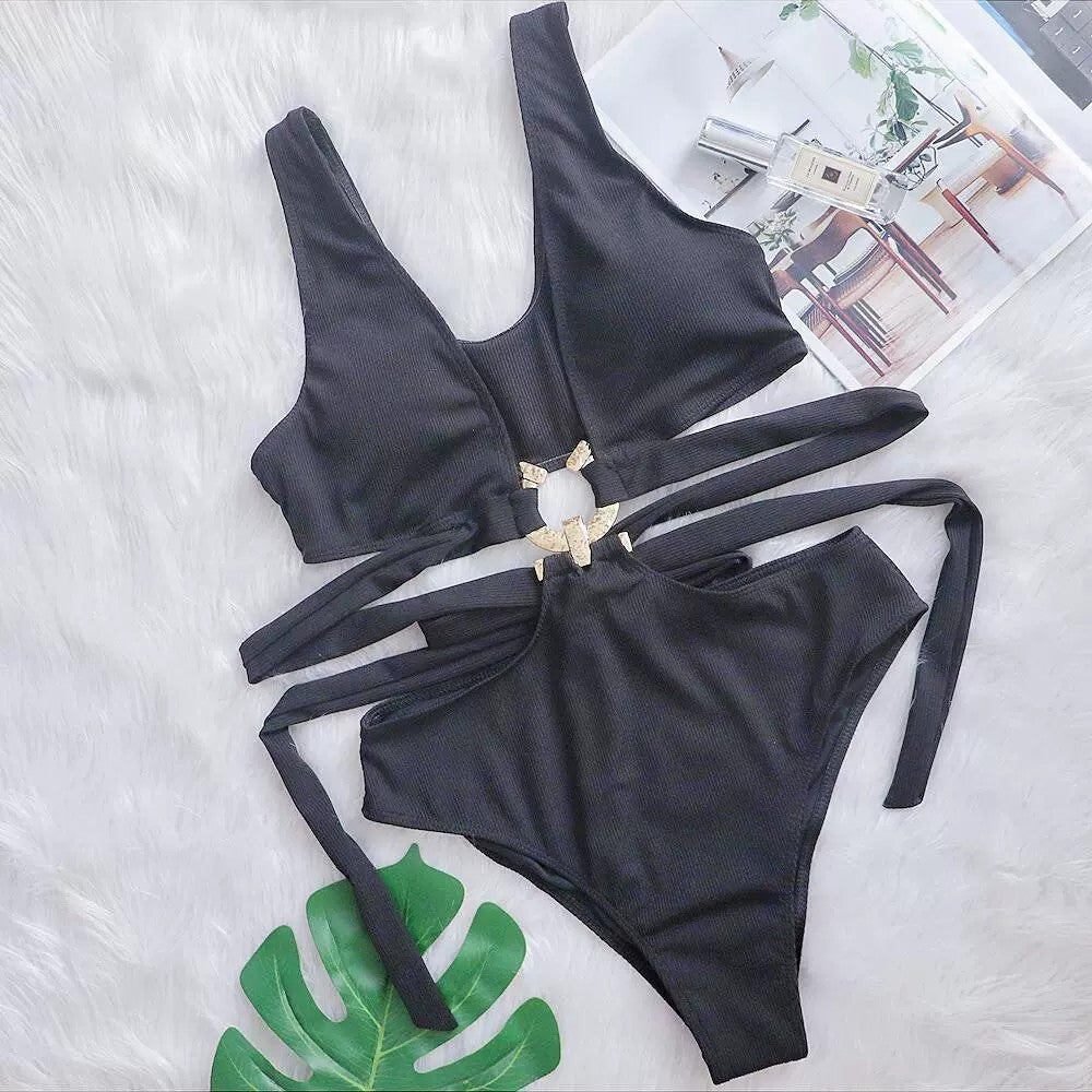 Bikini Sexy Deep V Plunge neck Metal Strap Women Swimsuit High Waist Bathing Suit