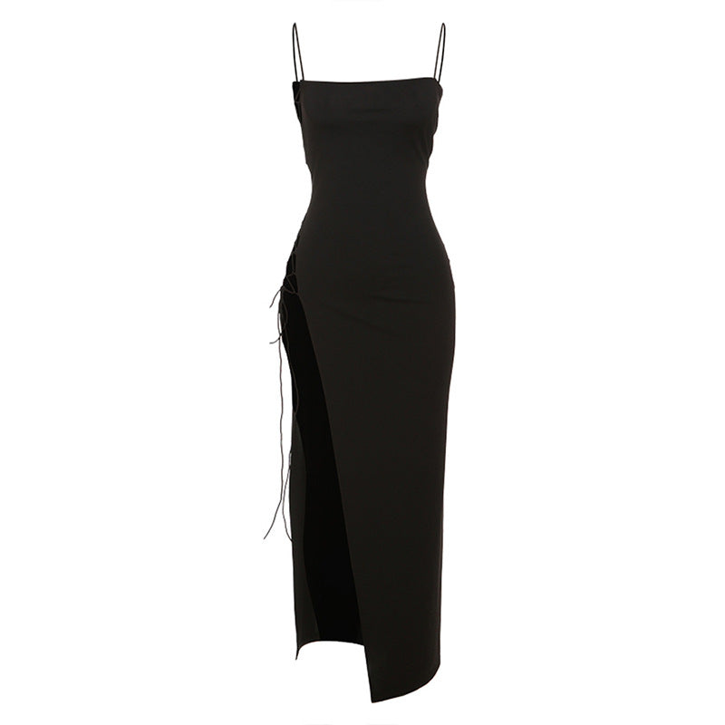 Spring Women Clothing Sexy Solid Color Side Slit Strap off Neck Sling Dress Women