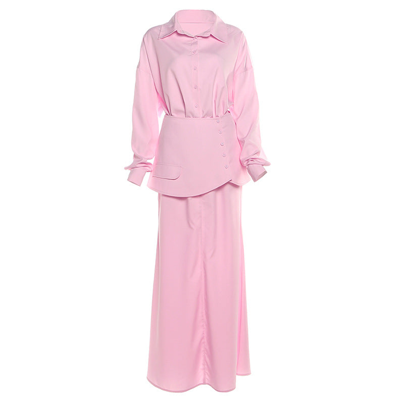 Women Clothing Fall Collared Long Sleeve Shirt Solid Color Waist Seal Skirt Three Piece Set