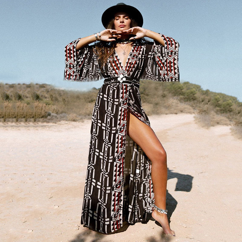 Rayon Positioning Printing Beach Cover-up Sexy Cardigan Loose Vacation Sun Protection Shirt Dress