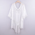 Hand Crocheting Patchwork Solid Color Hollow Out Cutout out Beach Irregular Asymmetric Tassel Cover up Bikini Swimsuit