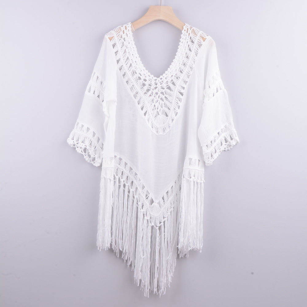 Hand Crocheting Patchwork Solid Color Hollow Out Cutout out Beach Irregular Asymmetric Tassel Cover up Bikini Swimsuit