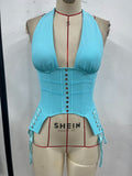 Jennie Same Lace up Waist Controlled Halter Deep V Plunge neck Vest Sexy Sexy Slimming Boning Corset Niche Top