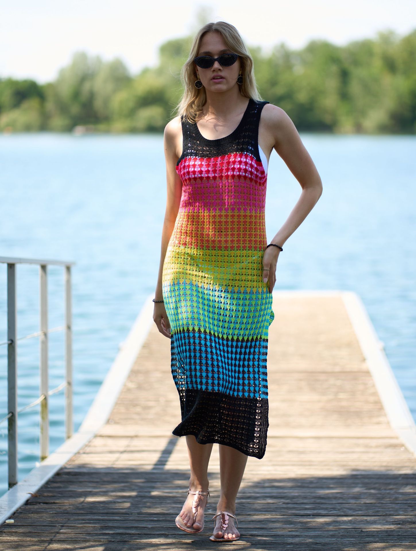 Knitted Wide Horizontal Color Pattern Vest Dress Holiday Casual Beach Bikini Cover