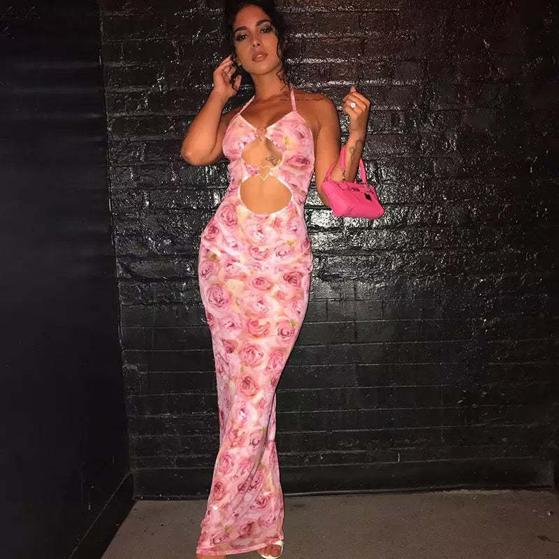 Summer Sleeveless Floral Print Lace Up Long Heart Stitching Hollow Out Cutout Dress