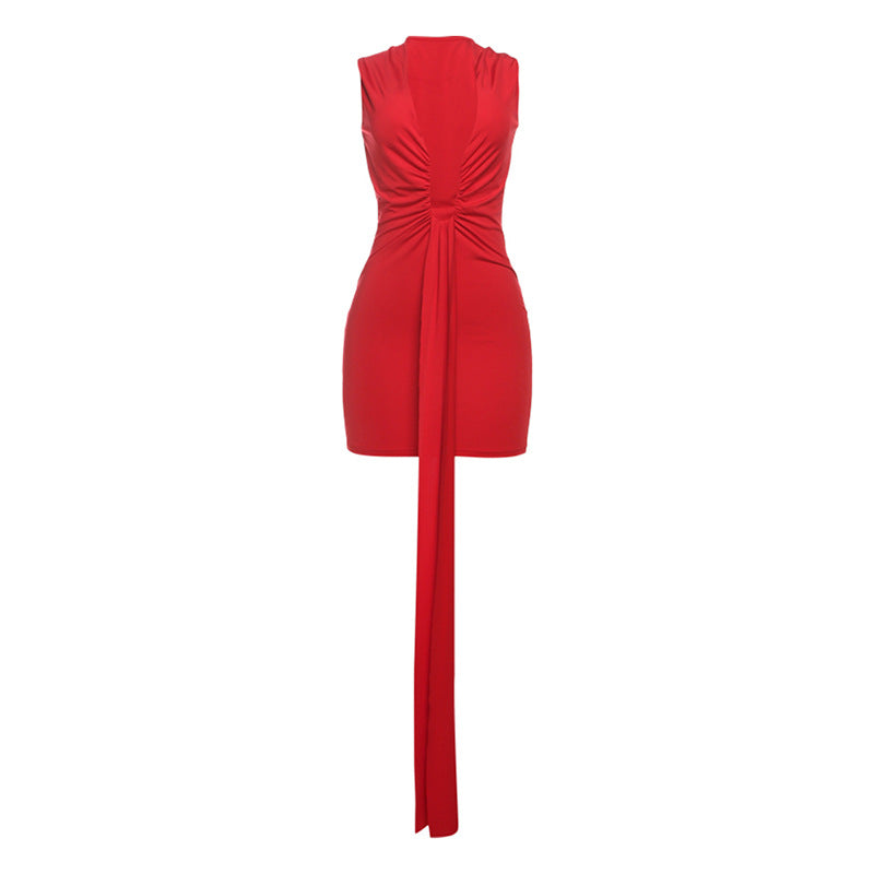 Spring Summer Women Sexy Deep V Plunge High Waist Figure Flattering Sheath Solid Color Dress