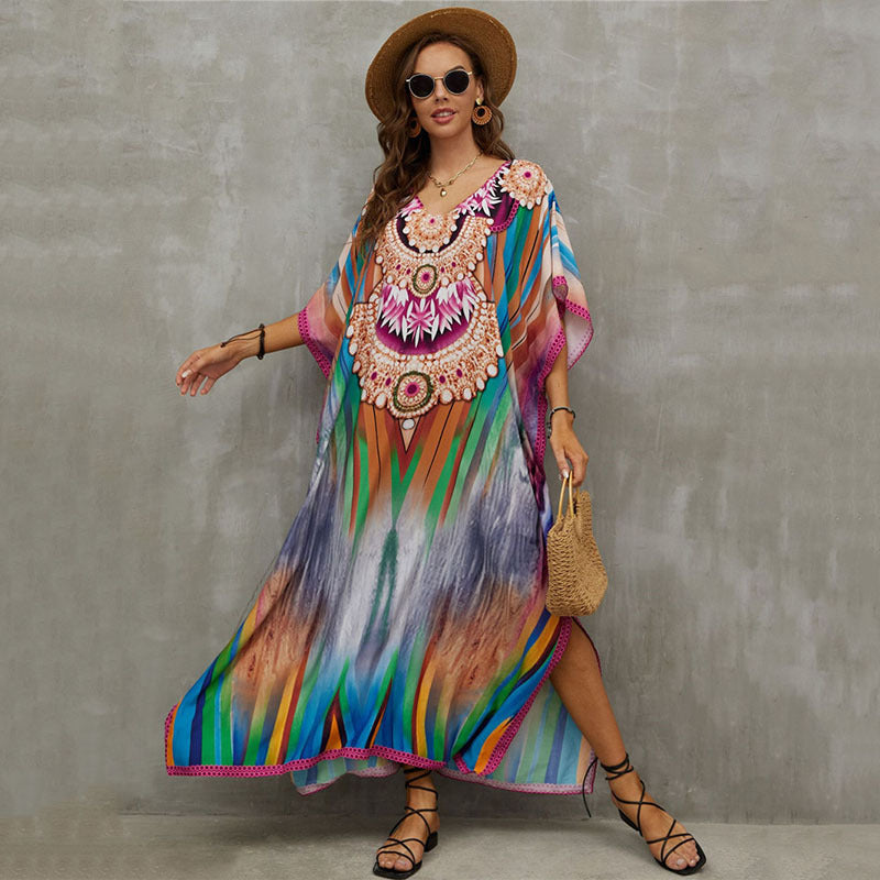 Rayon Positioning Printing Beach Cover Up V Neck Robe Vacation Skirt Bikini Cover