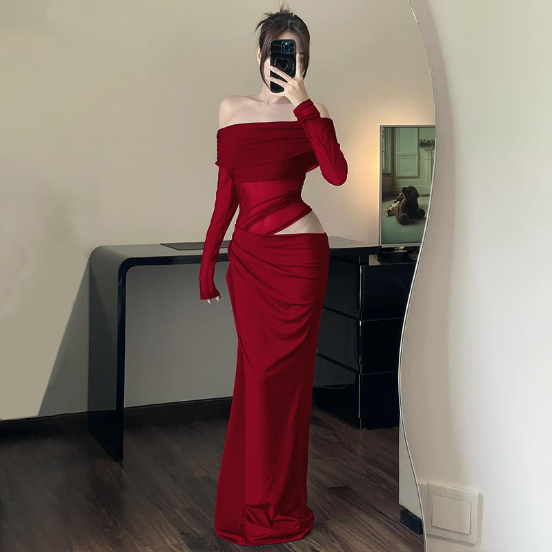 Women Clothing Spring Sexy Sexy off Shoulder Mesh Stitching Long Sleeves Hollow Out Cutout Dress Women