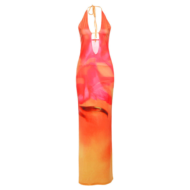 Spring Women Clothing Personalized Printing Hollow Out Cutout Slim Fit Halter Lace up Sheath Dress