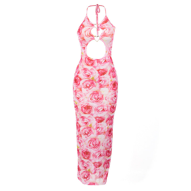 Summer Sleeveless Floral Print Lace Up Long Heart Stitching Hollow Out Cutout Dress