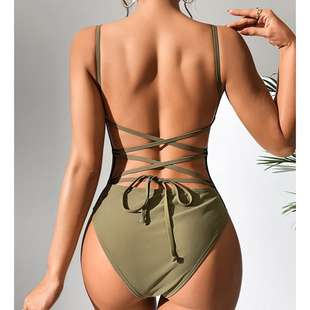 Swimsuit Solid Color Sexy Backless Lace Up One Piece Swimsuit Women