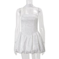 Women Clothing Autumn French Sexy Tube Top Dress Ribbon Fitted Waist Bubble Short Dress