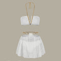 Women Chain Strap Split Swimsuit Bikini Skirt Three Piece Suit Pure Colored Fresh Bikini